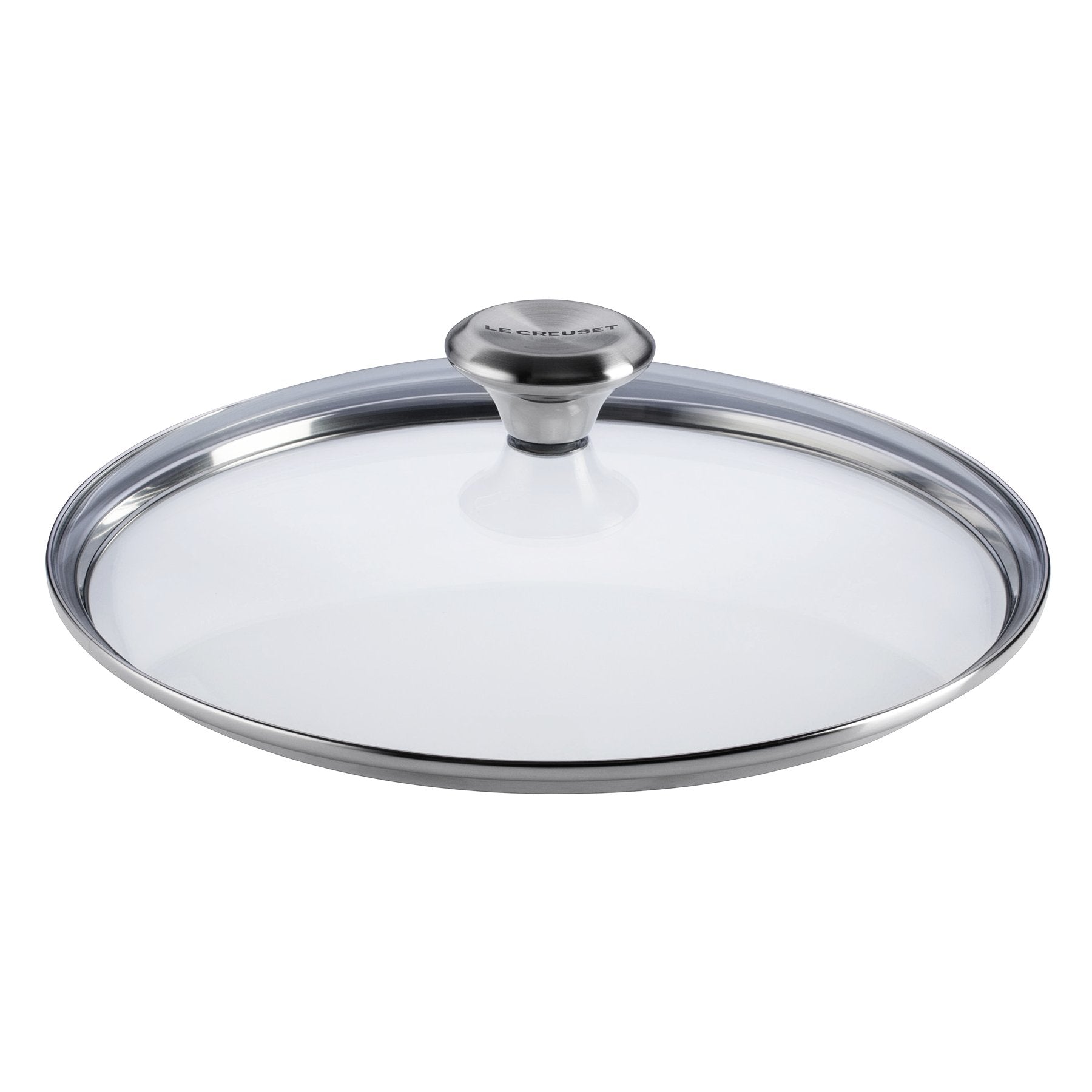 Tapa de vidrio Le Creuset con pomo inox, detalle del mango.