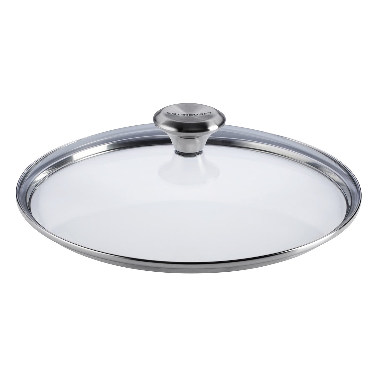 Tapa de vidrio Le Creuset con pomo inox, detalle del mango.