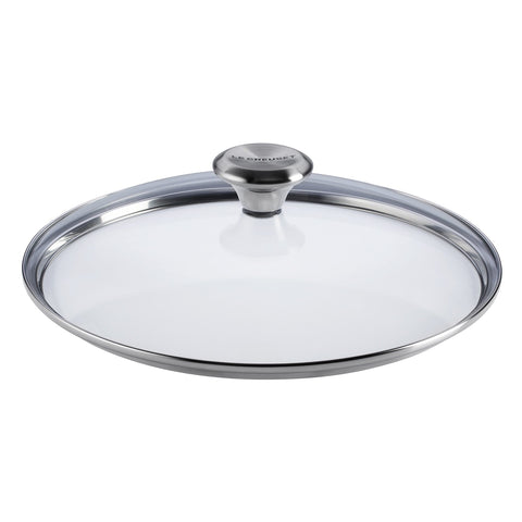 Tapa de vidrio Le Creuset con pomo inox, detalle del mango.