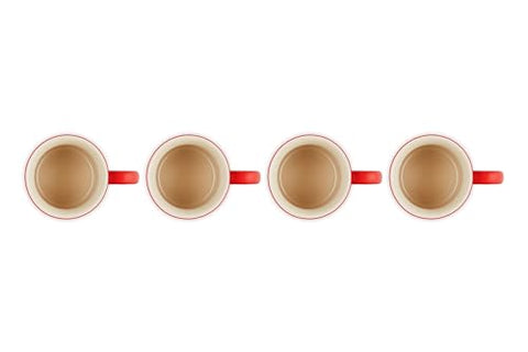 Taza Le Creuset Cerise con piedra densa ofrece alta resistencia a rayaduras.