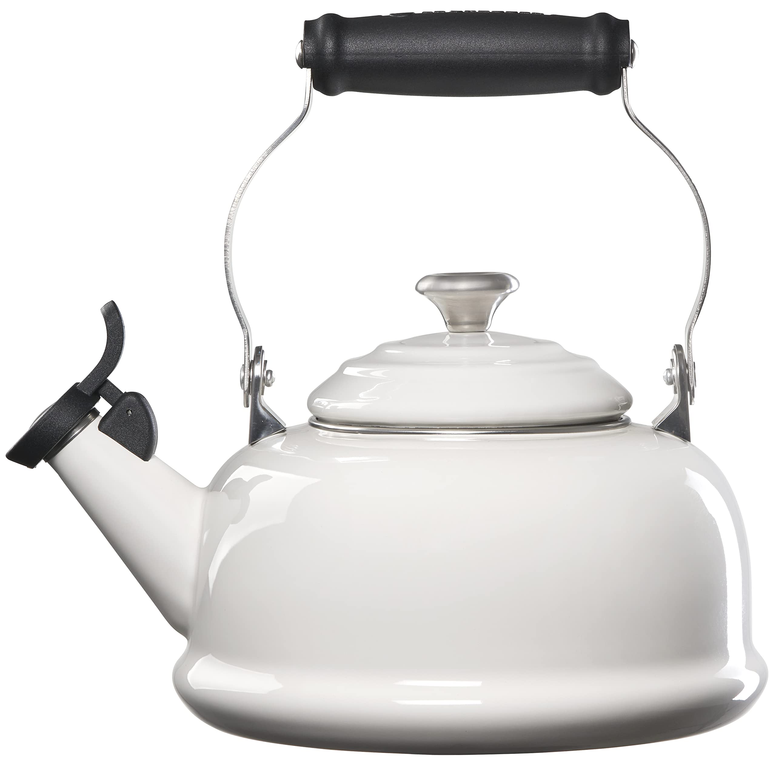 Tetera Le Creuset con cuerpo esmaltado blanco, resistente a manchas y corrosión.