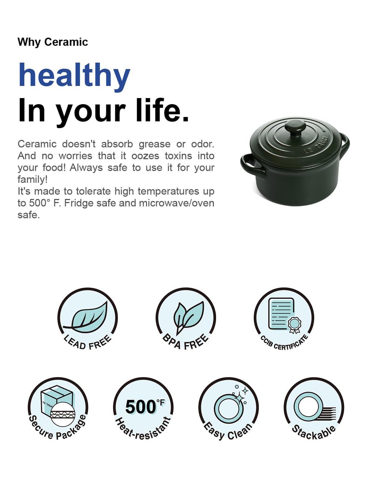 Interior cerámico LE TAUCI 3qt, fácil de limpiar y antiadherente natural