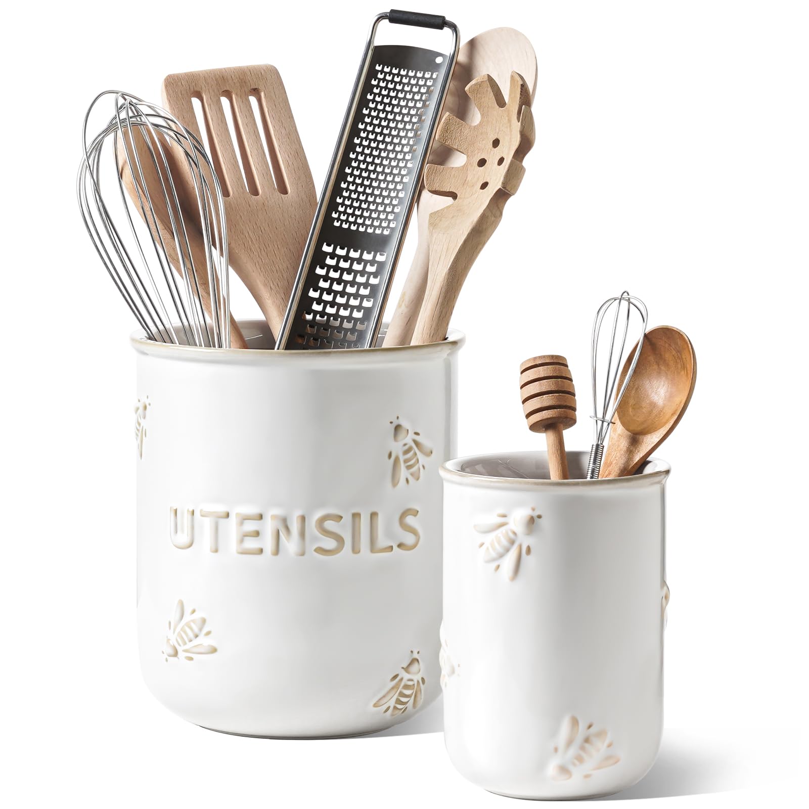 LE TAUCI porta-utensilios cerámica blanca con abeja, organiza espátulas y cucharas con estilo.