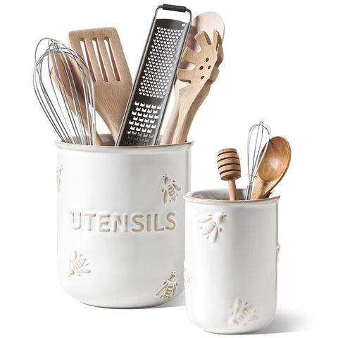 LE TAUCI porta-utensilios cerámica blanca con abeja, organiza espátulas y cucharas con estilo.