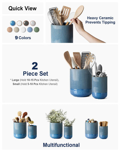 LE TAUCI porta-utensilios cerámico pequeño marino, espacio compacto para utensilios diarios en la encimera.
