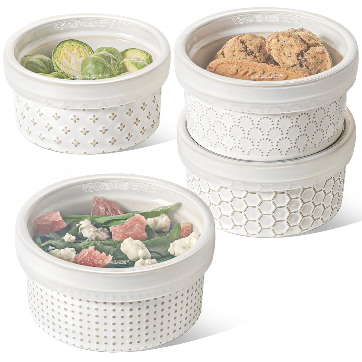 Ramequín LE TAUCI con tapas: porciones de 12 oz y almacenamiento seguro.