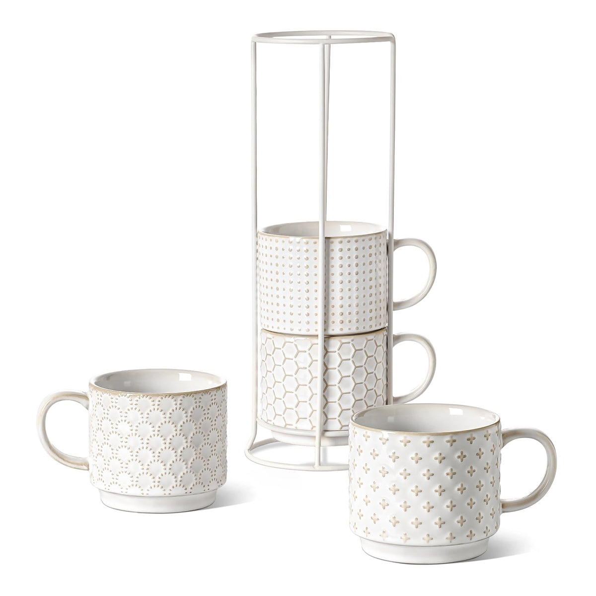 LE TAUCI tazas apilables con soporte en blanco ártico, ahorro de espacio