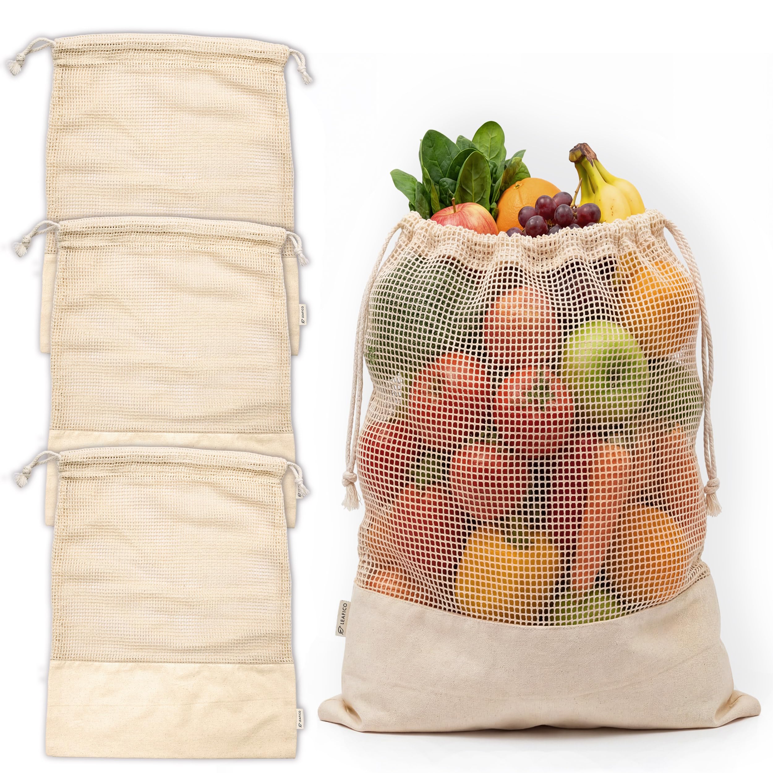 Bolsas LEAFICO de frutas y verduras con malla permiten ver y ventilar.