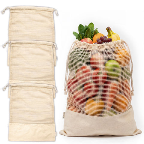 Bolsas LEAFICO de frutas y verduras con malla permiten ver y ventilar.