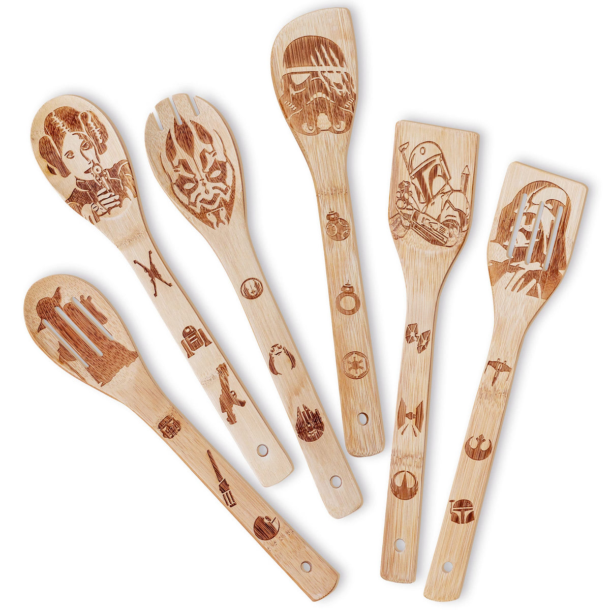 LeafyLane Guerras de las Estrellas cucharas de madera en set de 6 para cocinar sin rayar