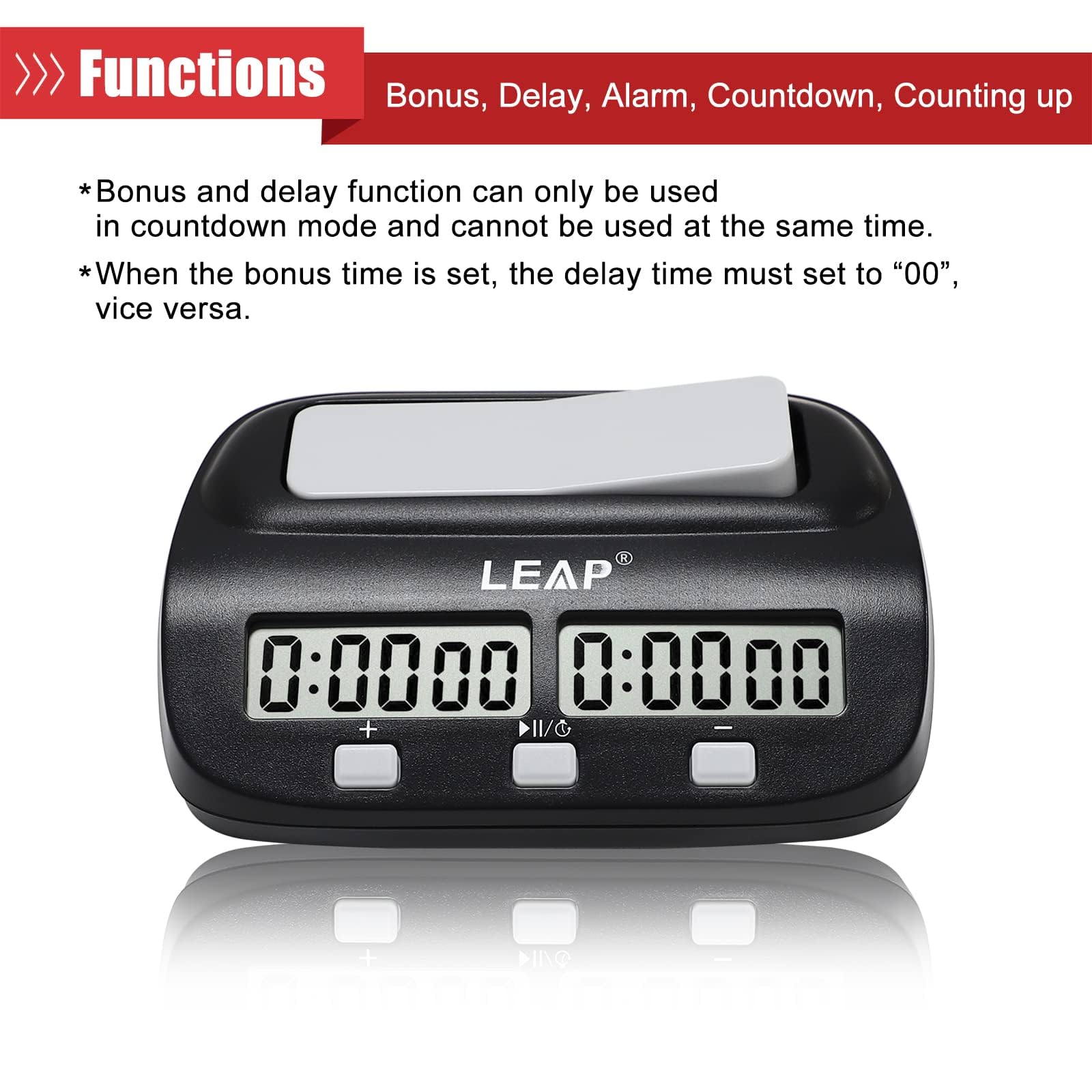 Reloj LEAP de ajedrez con alarma y panel para evitar retrasos.