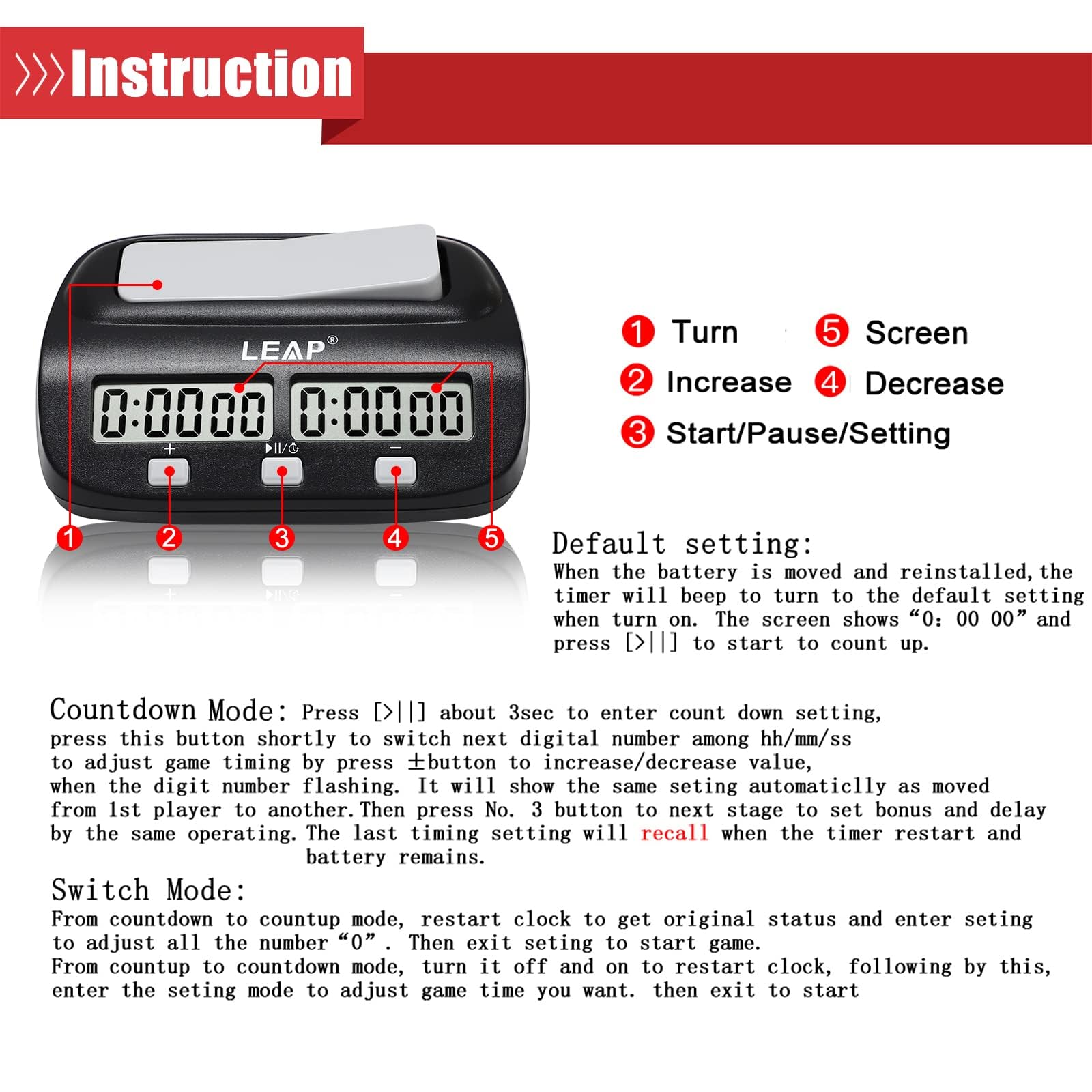 Reloj LEAP con botones intuitivos para configuración rápida en partidas.