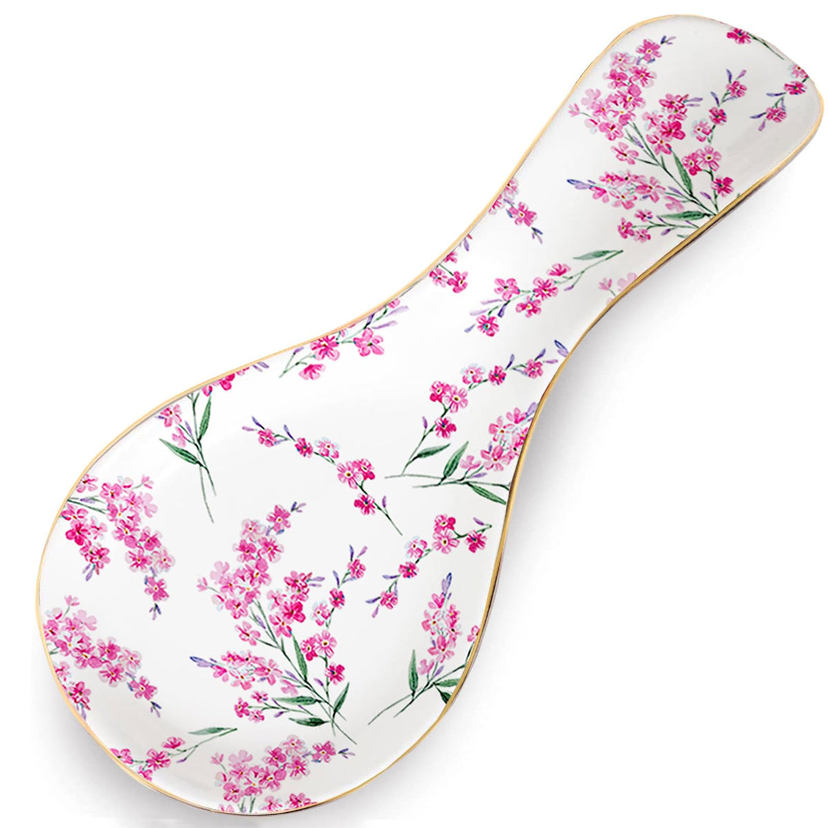 LEAZUL reposo para cucharas cerámico con flores y borde dorado, ideal para decorar.