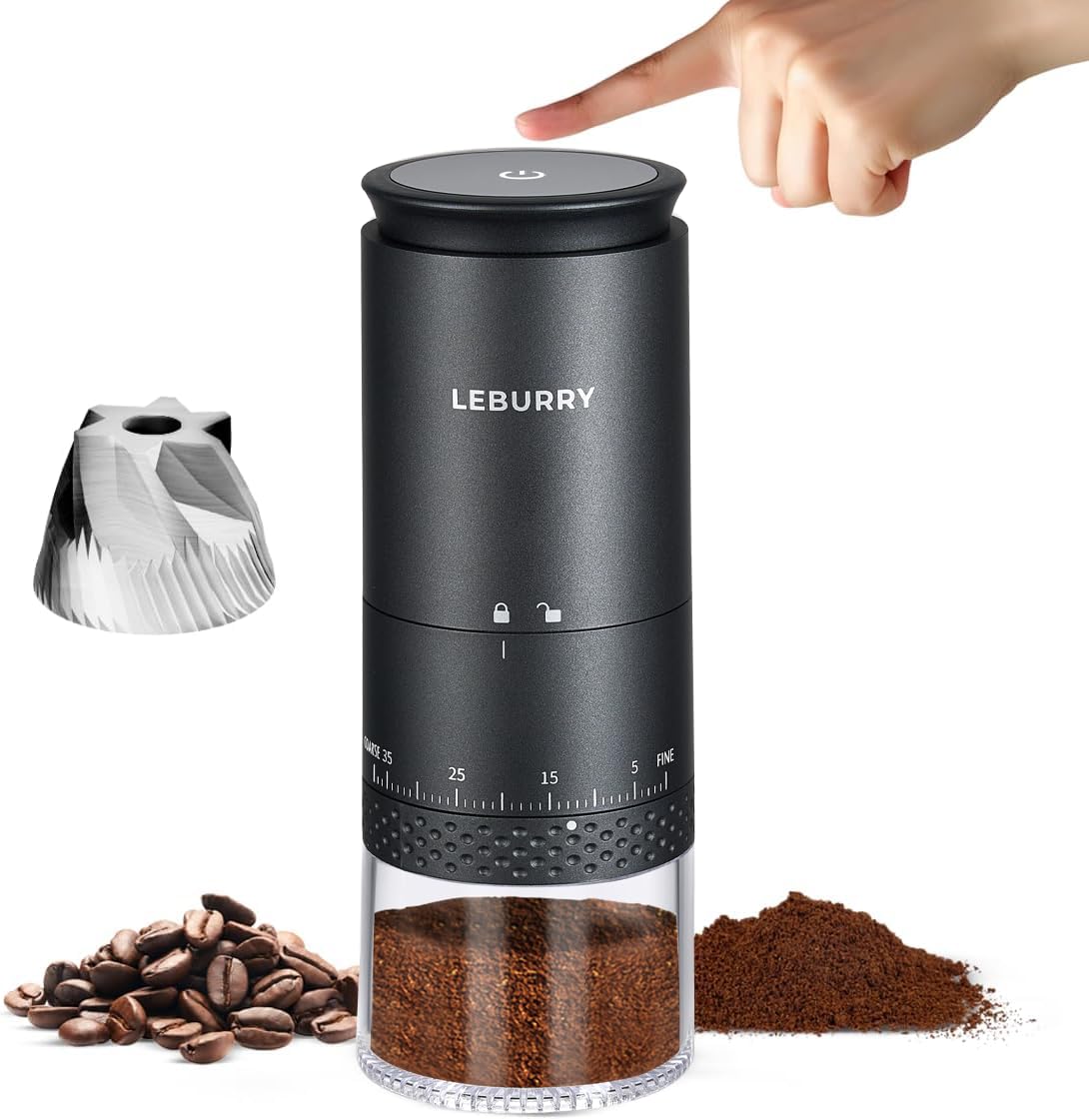 Leburry molinillo de café conico inalámbrico, ideal para viaje con molienda consistente.
