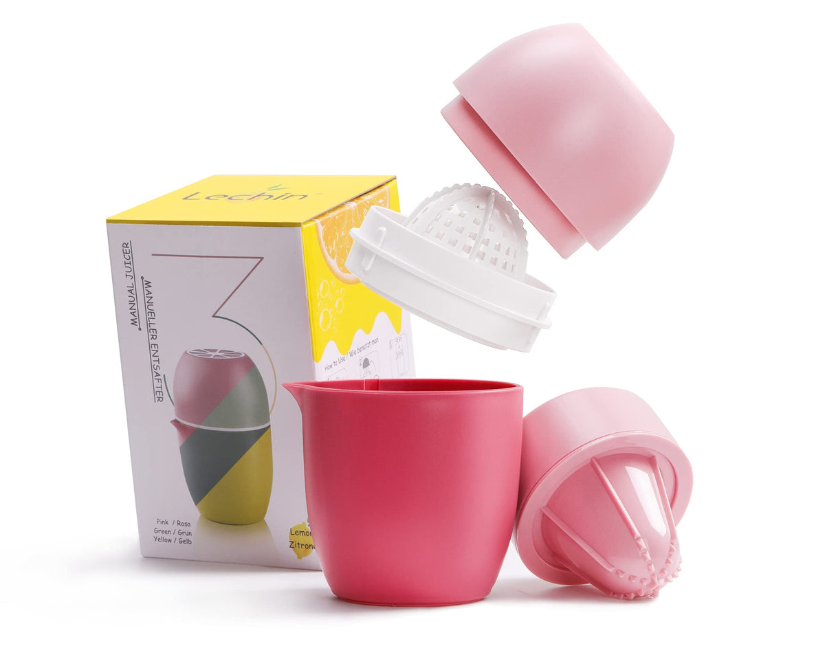 Lechin prensador manual de cítricos con forma de limón rosa para jugos frescos.