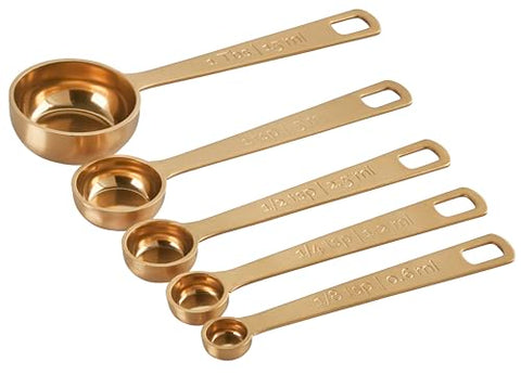 Le Creuset cucharas medidoras oro, conjunto 5 piezas, ideal para recetas paso a paso.