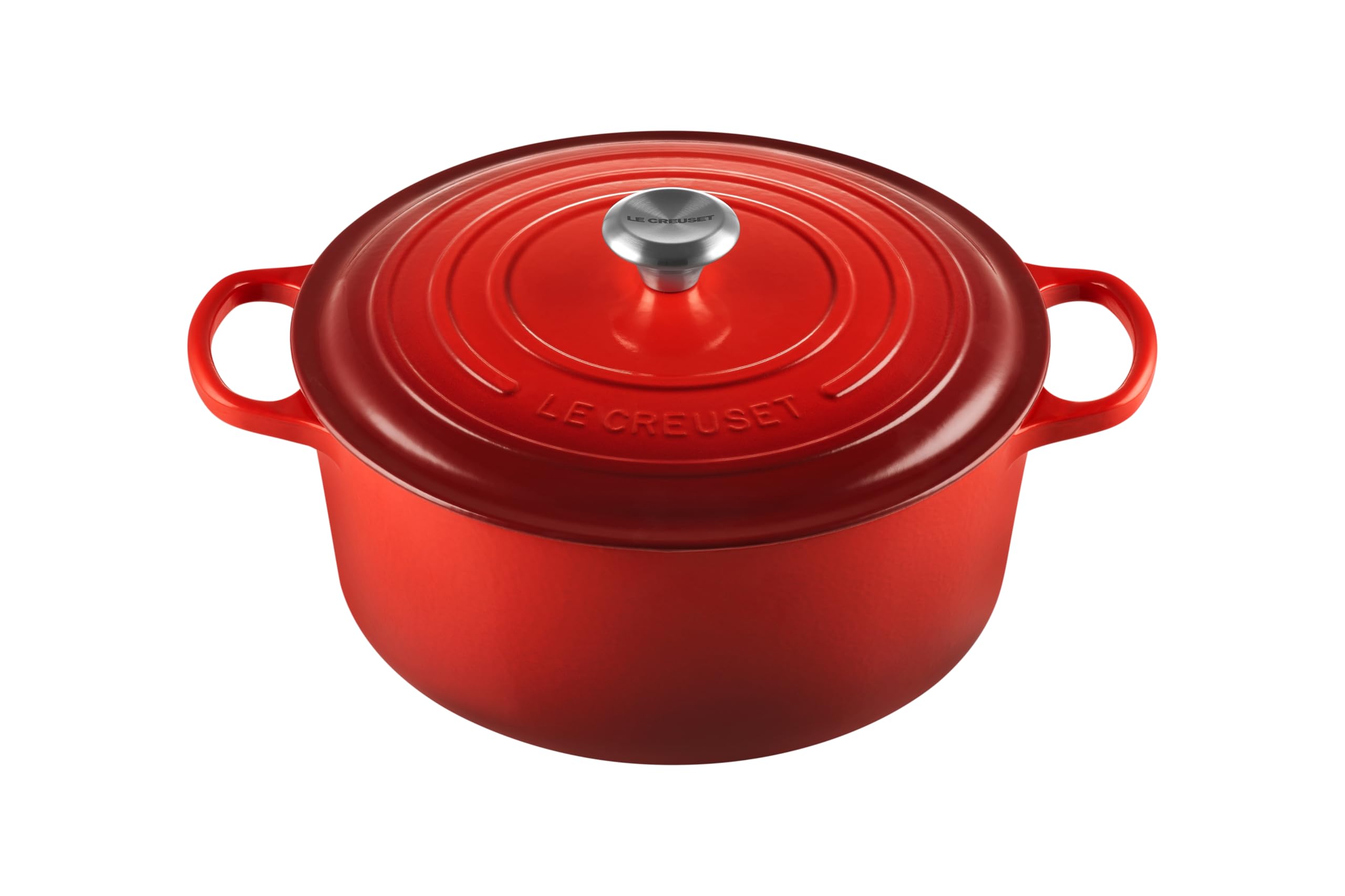 Le Creuset olla esmaltada cerise exterior, distribución de calor uniforme.