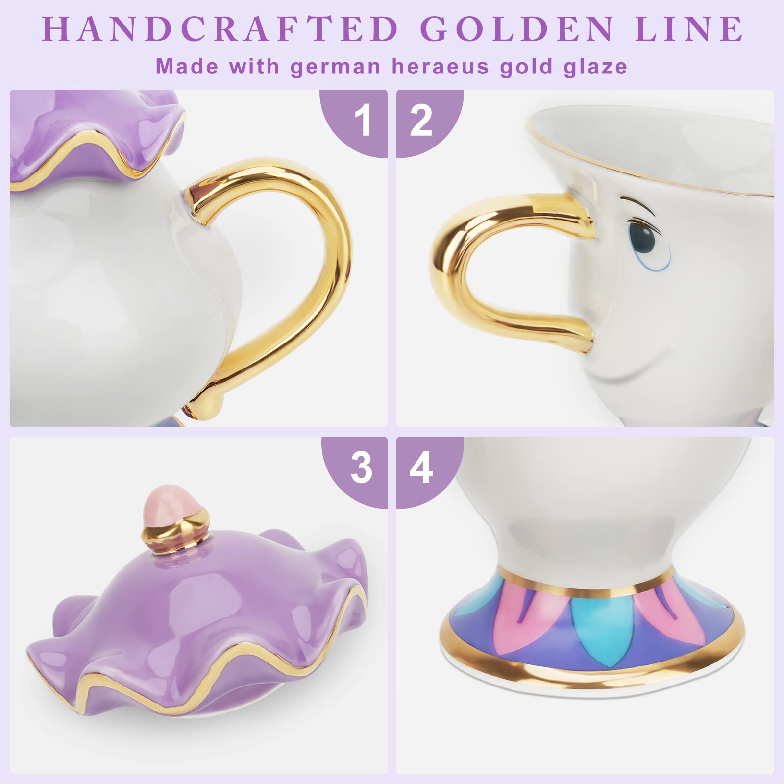 Taza Mrs Potts de LEEPENK con borde dorado para momentos de té elegantes.