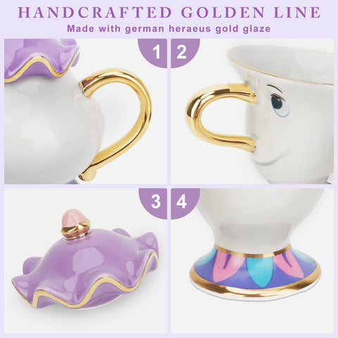 Taza Mrs Potts de LEEPENK con borde dorado para momentos de té elegantes.