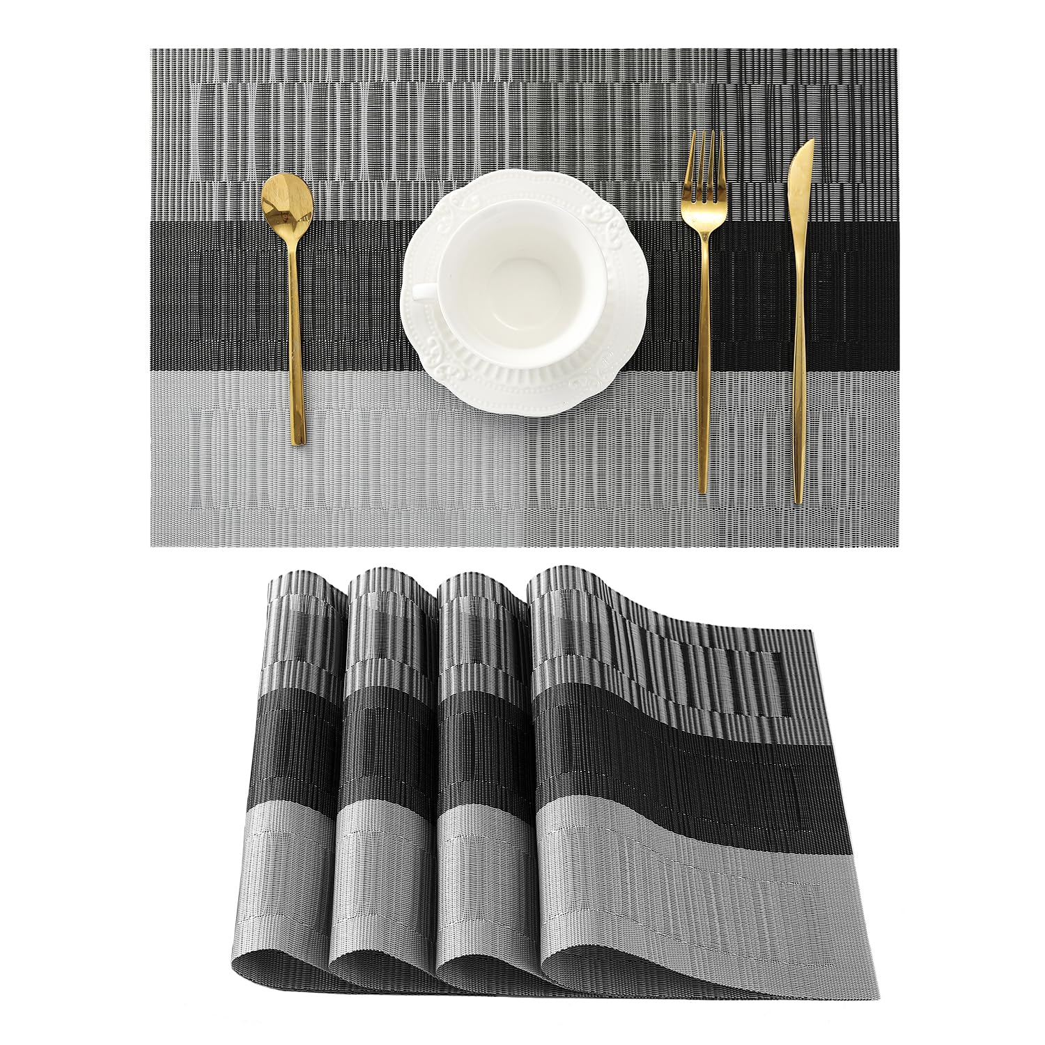 Manteles Leetaltree gris con rayas blancas, set de 4, para mesa.