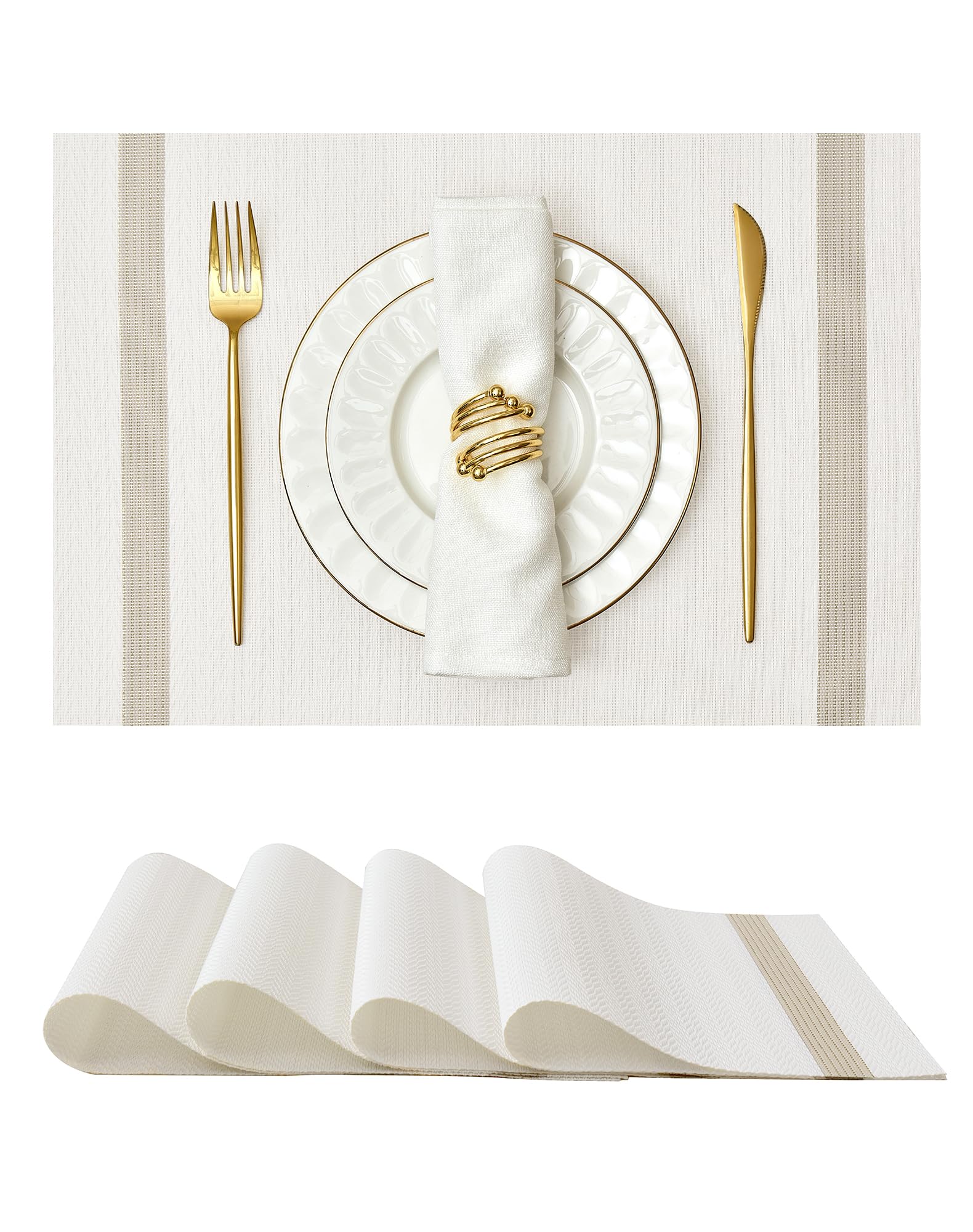 Leetaltree manteles individuales lujo blanco con rayas doradas para cenas elegantes.