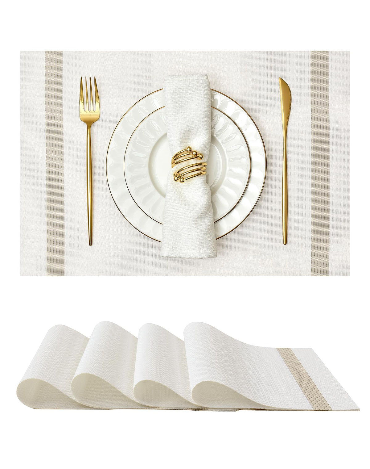 Leetaltree manteles individuales lujo blanco con rayas doradas para cenas elegantes.