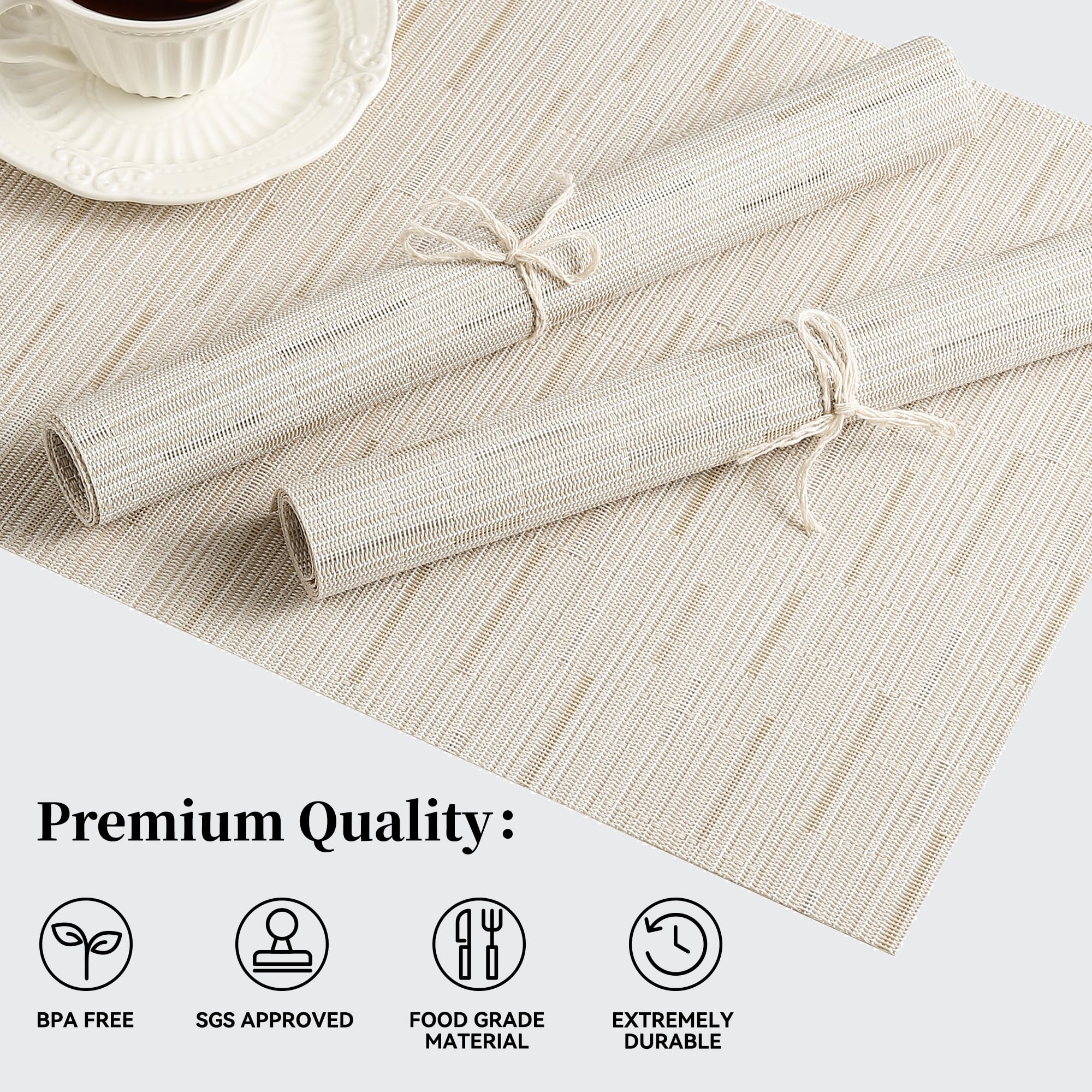 Manteles Leetaltree con textura tejida de vinilo, aspecto premium y fácil limpieza.
