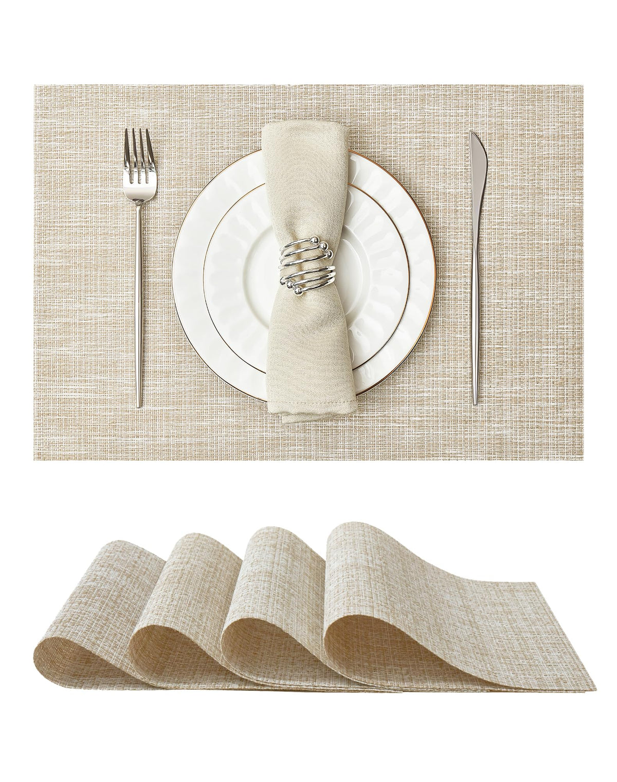 Mantel Leetaltree, detalle de tejido beige-oro, ideal para reuniones elegantes.