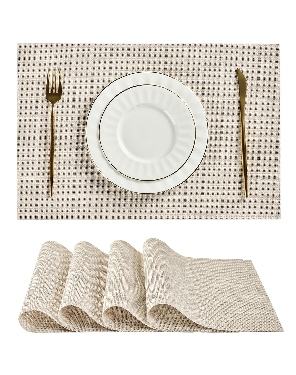 Mantel individual Leetaltree beige y blanco con textura tejida para uso diario.