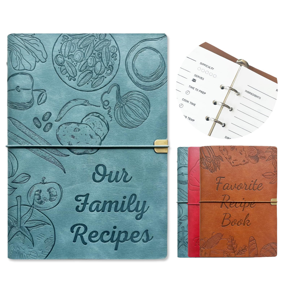 Leeveel libro de recetas con tapa de PU cuero azul cielo, elegante y duradero.