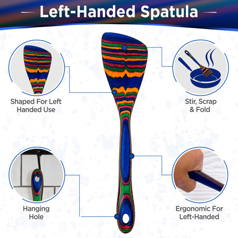 Lefty's espátula de cocina multicolor, diseño ergonómico para zurdos durante la preparación.