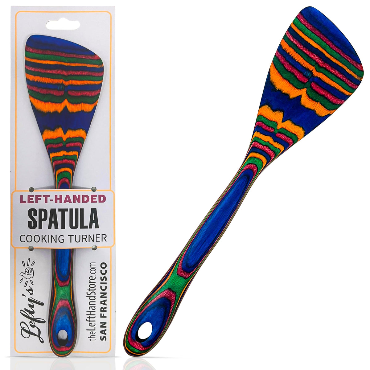 Lefty's Pakka espátula para mano izquierda, agarre ergonómico para voltear alimentos con precisión.