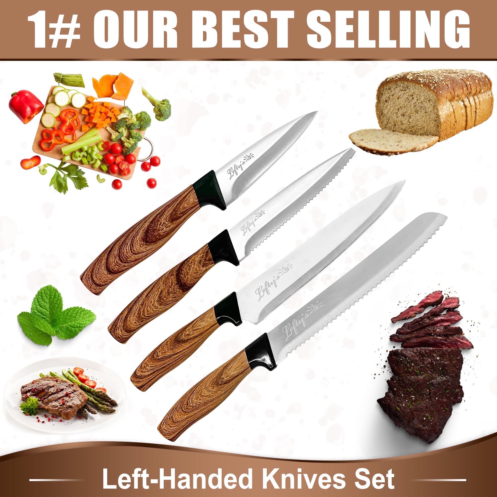 Cuchillo bistec zurdo de Lefty's, hoja afilada para cortes precisos.