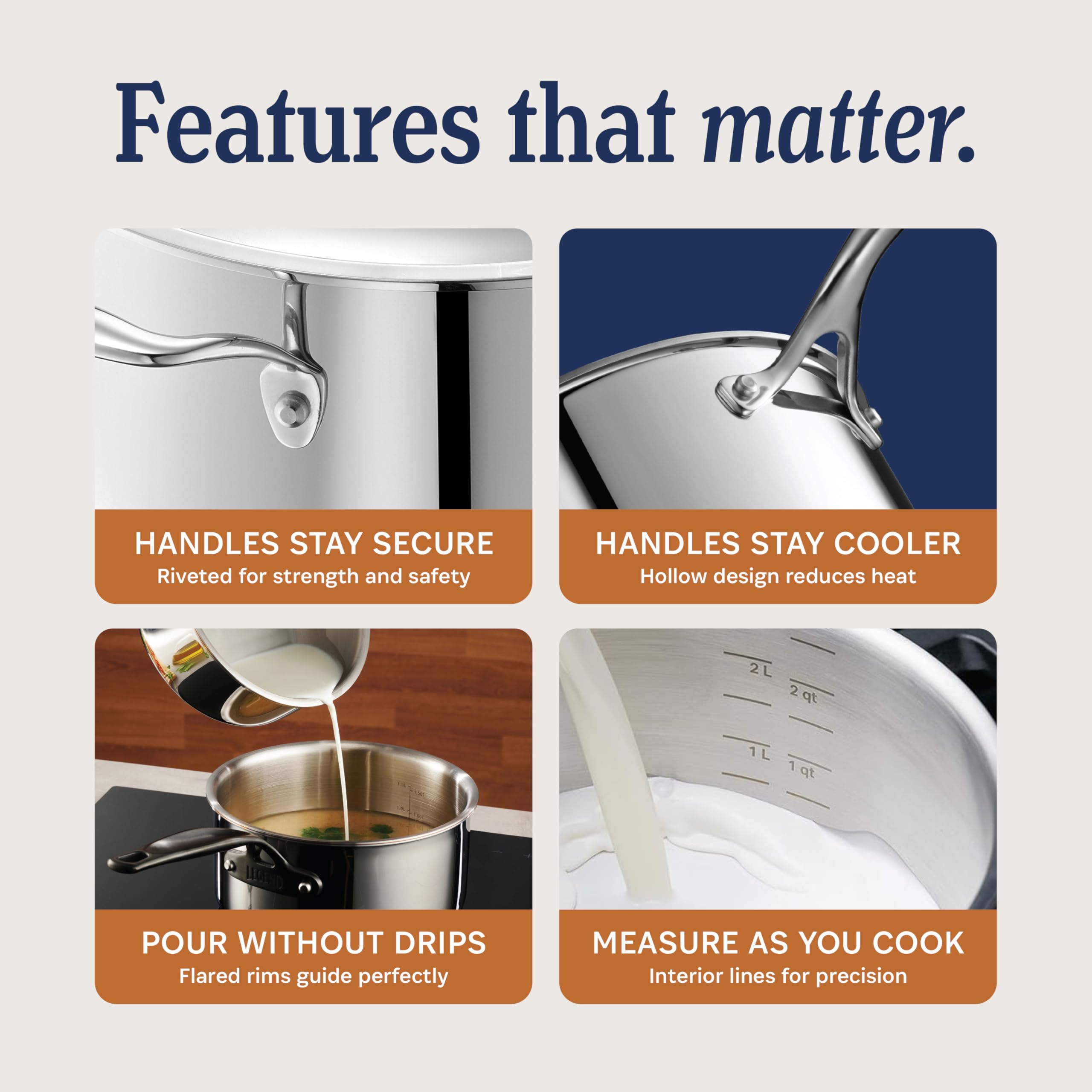 LEGEND COOKWARE interior acero inoxidable, sin recubrimientos para una cocción segura.