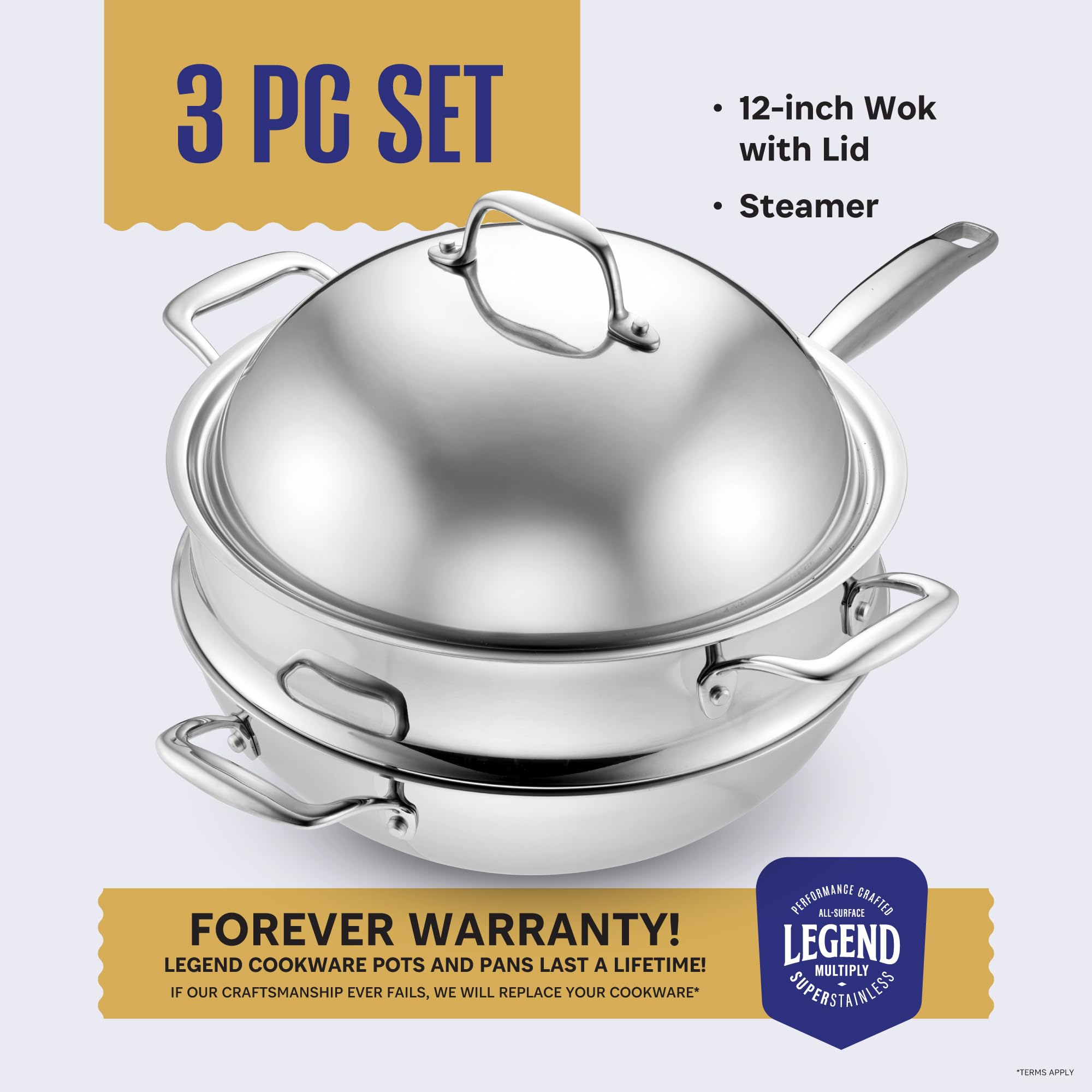 Superficie de LEGEND COOKWARE de acero inoxidable multicapa para calor estable.