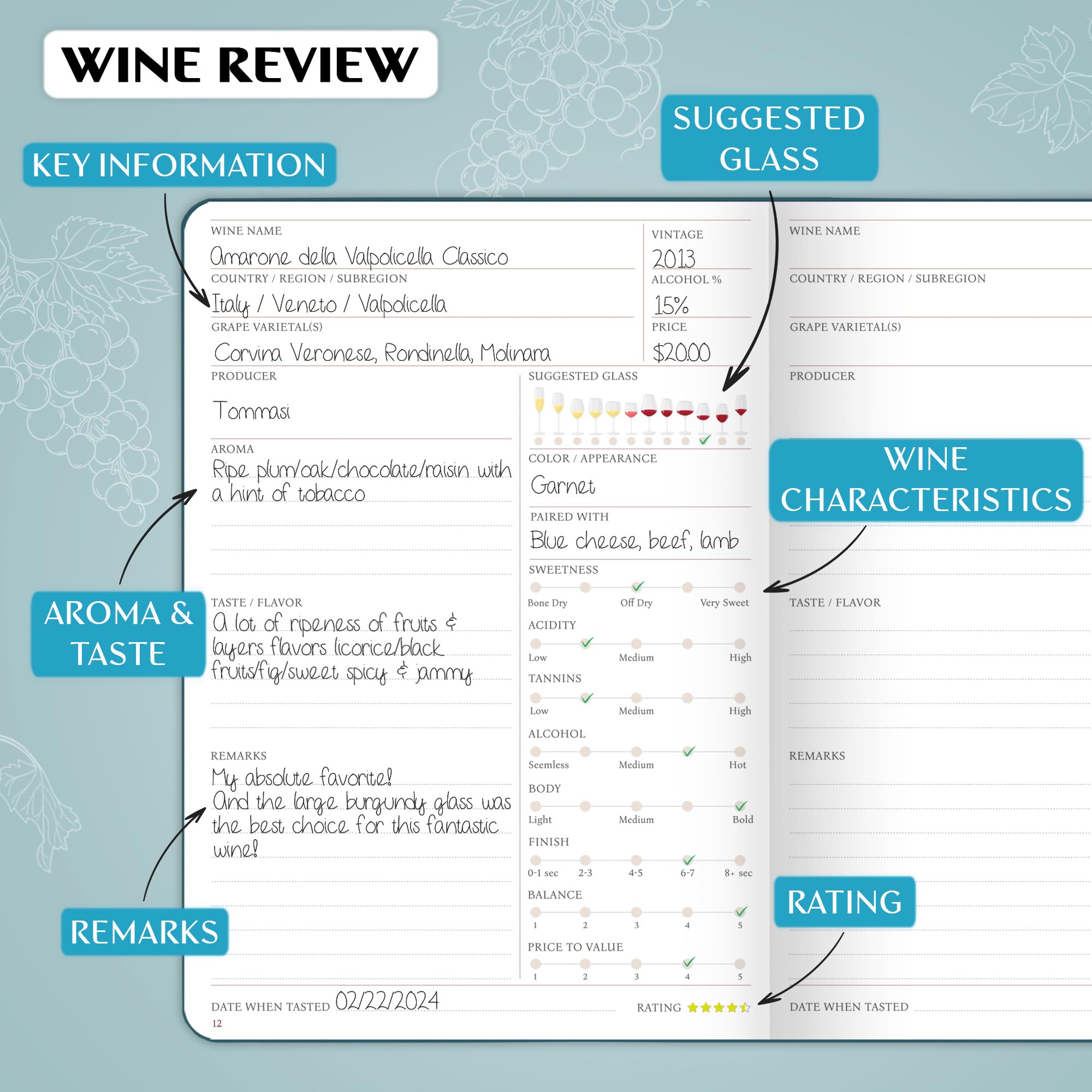 Legend Diario de Cata de Vino, accesorios de color y pegatinas para entradas