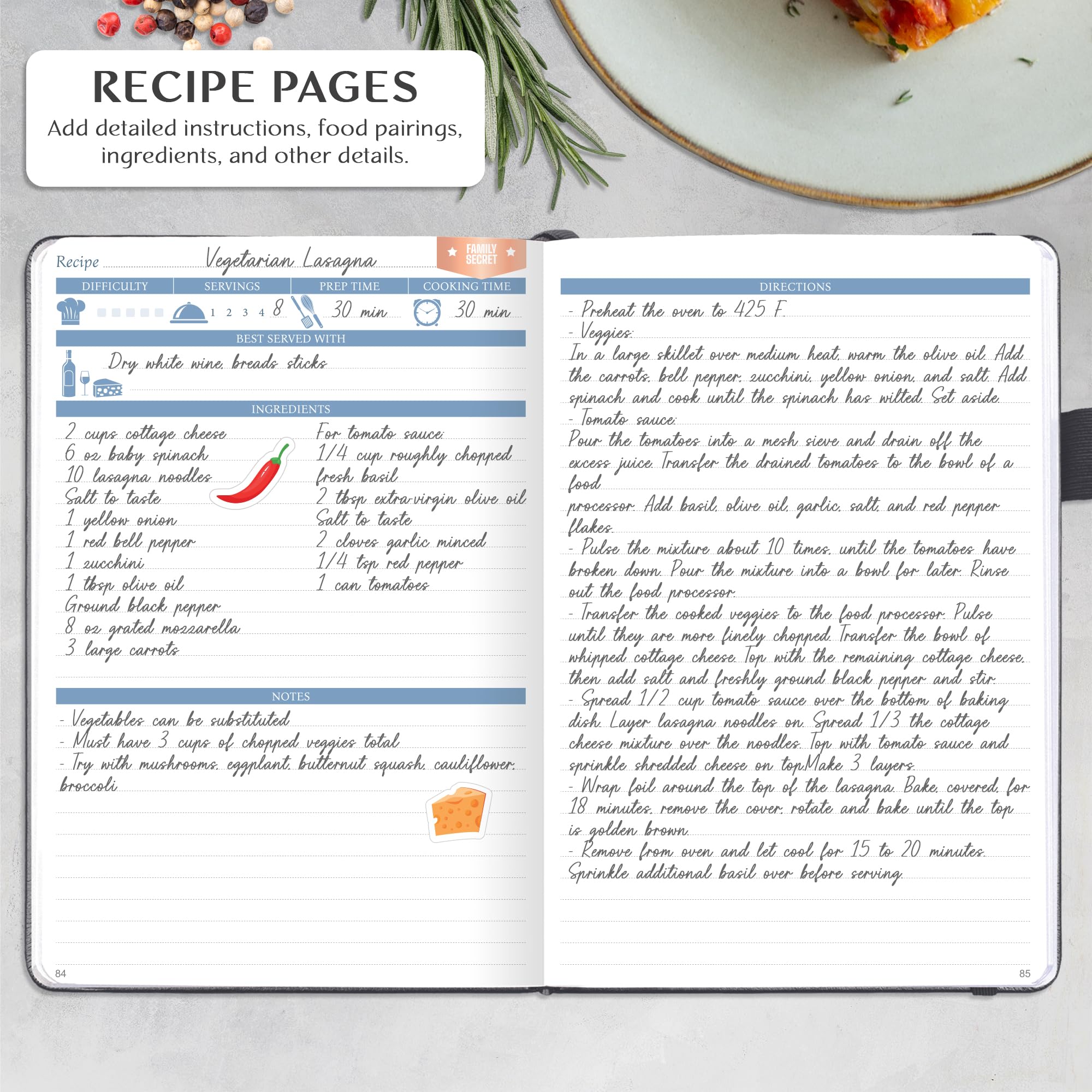 Encuadernación plana del Legend libro de recetas facilita escribir en la cocina.