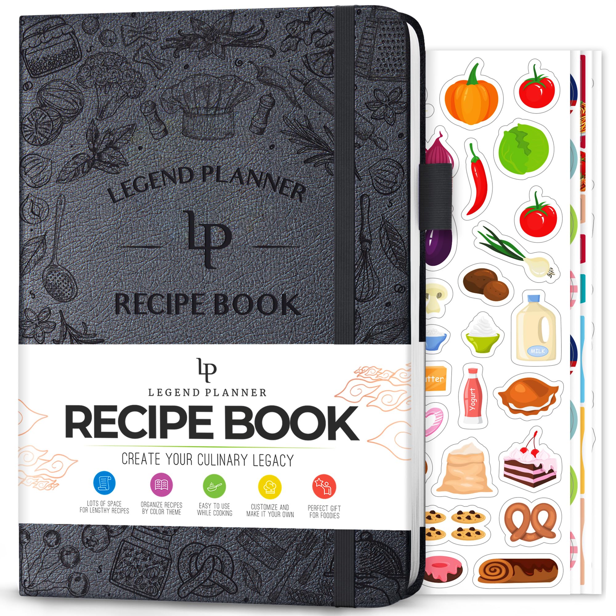 Portada dura del Legend libro de recetas en gris místico, resistente para uso diario.