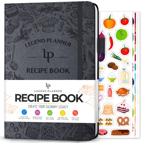 Portada dura del Legend libro de recetas en gris místico, resistente para uso diario.