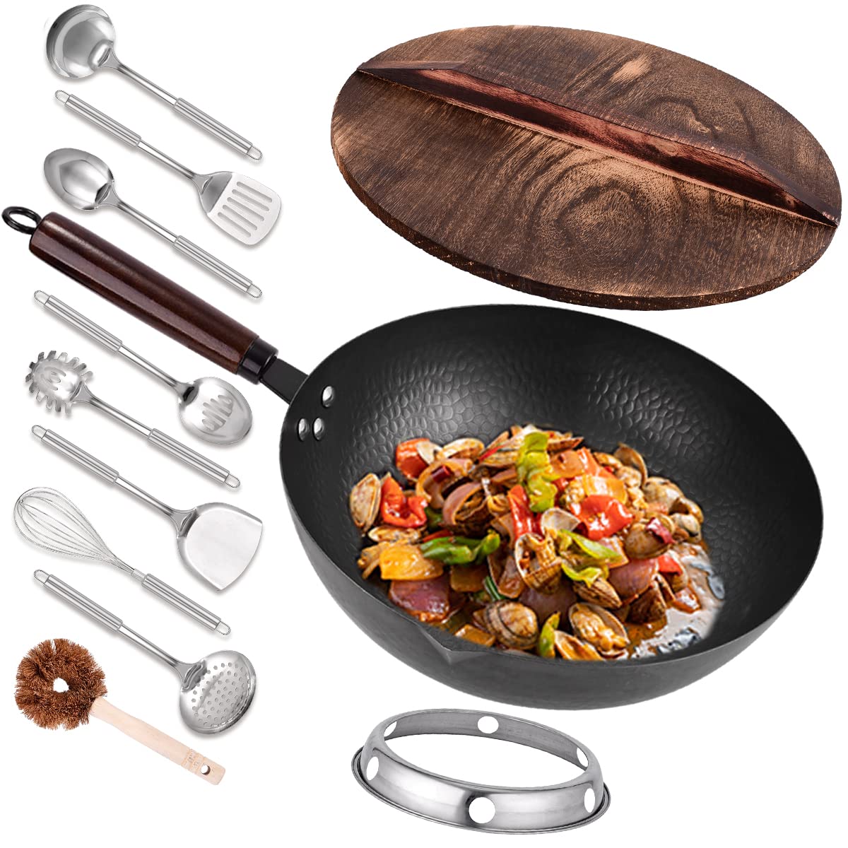 Leidawn wok de acero al carbono 12.8 pulgadas, base estable para salteados
