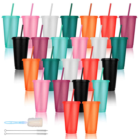 LEIFEOSH vaso plástico 24oz con tapas y pajitas brillantes oscuros, ideal para fiestas al aire libre