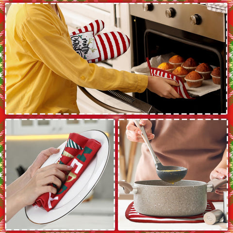 Manoplas Leinuosen para cocina con diseño navideño protegiendo las manos al hornear