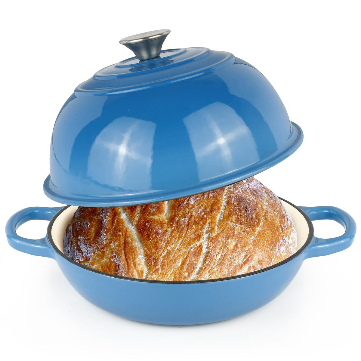 Olla Leiroonkasst 6QT con tapa azul para pan artesanal crujiente