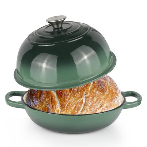 Olla Leiroonkasst de hierro esmaltado verde con tapa, ideal para hornear pan casero