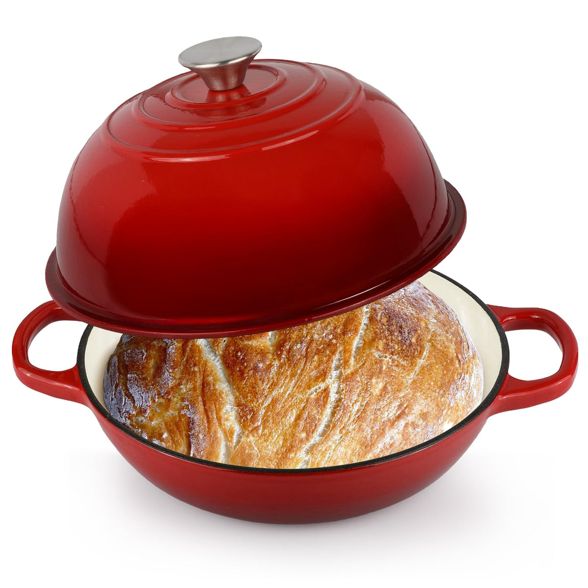 Olla Leiroonkasst 6QT esmaltada con tapa roja frente, ideal para pan casero crujiente.