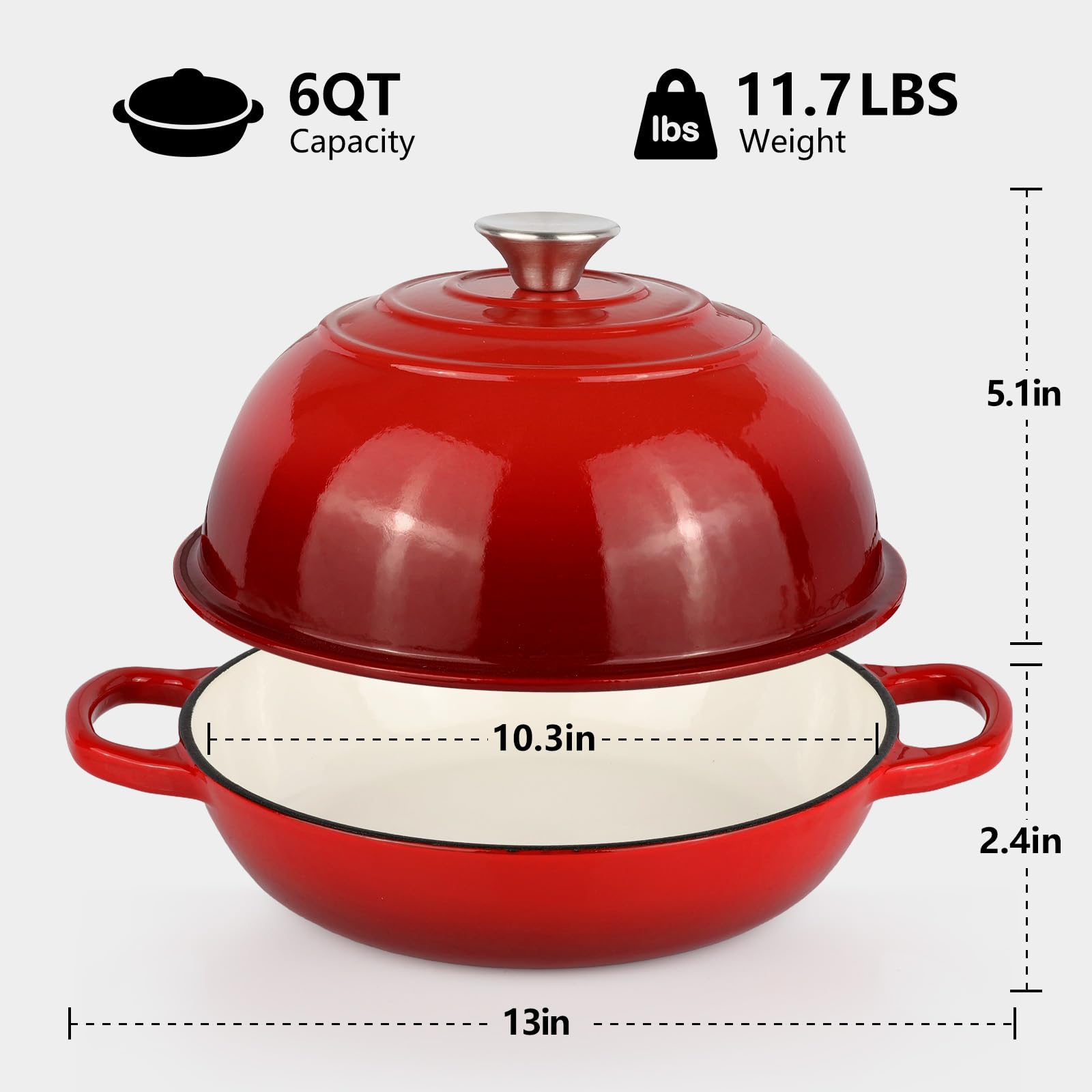 Tapa esmaltada roja de Leiroonkasst, mantiene vapor para pan dorado.