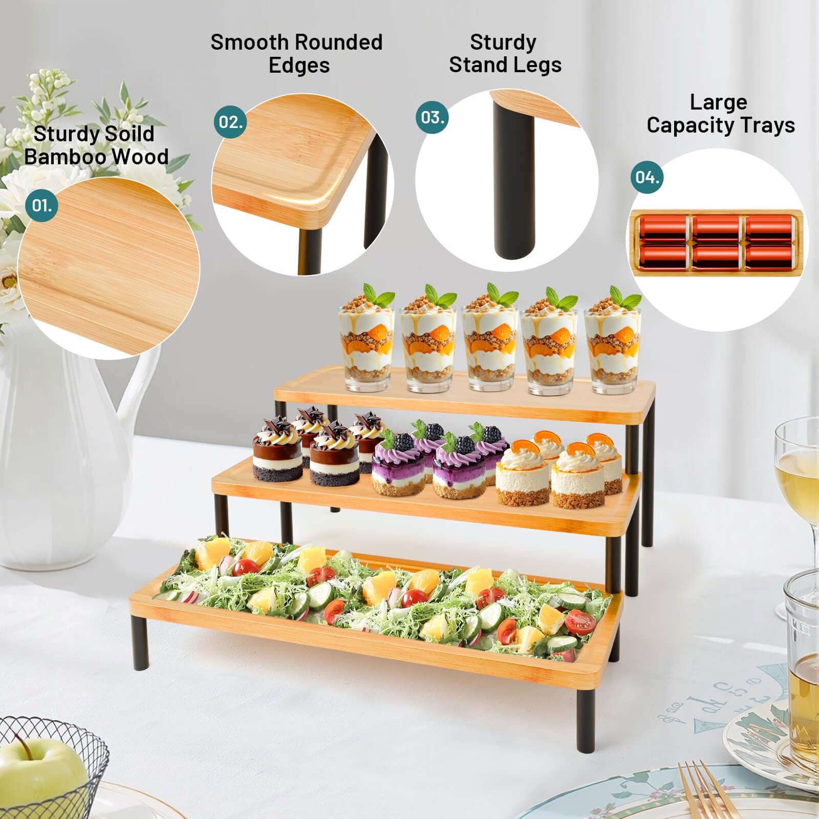 LEJANEOYE presentación de comidas, dulces y aperitivos en mesa de fiestas.