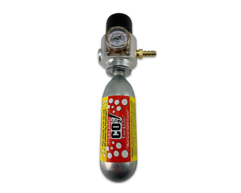 Regulador mini Leland con CO2 de 74 g, compatibilidad clara.