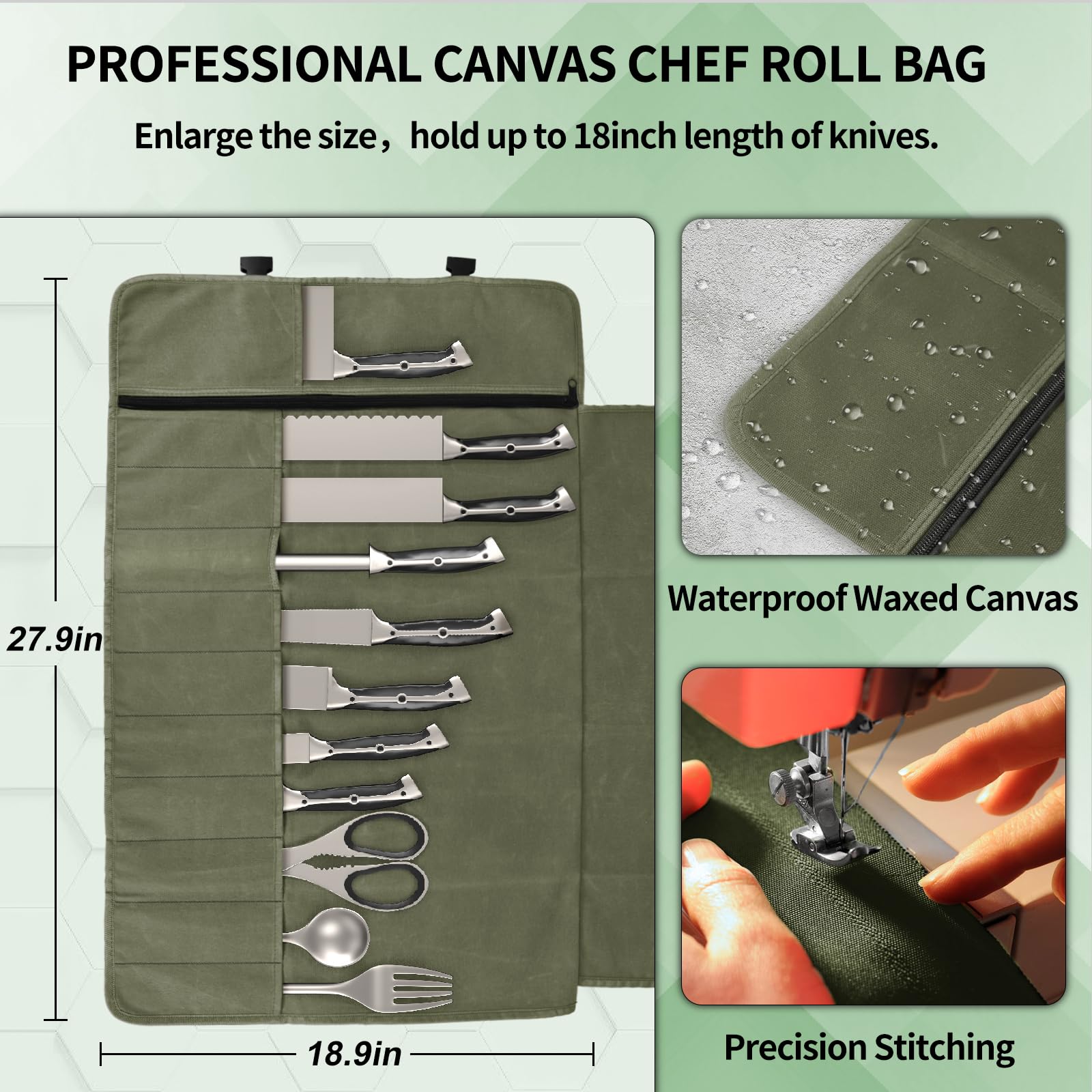 Lelezone bolsa enrollable, 11 bolsillos, organiza herramientas de cocina con seguridad