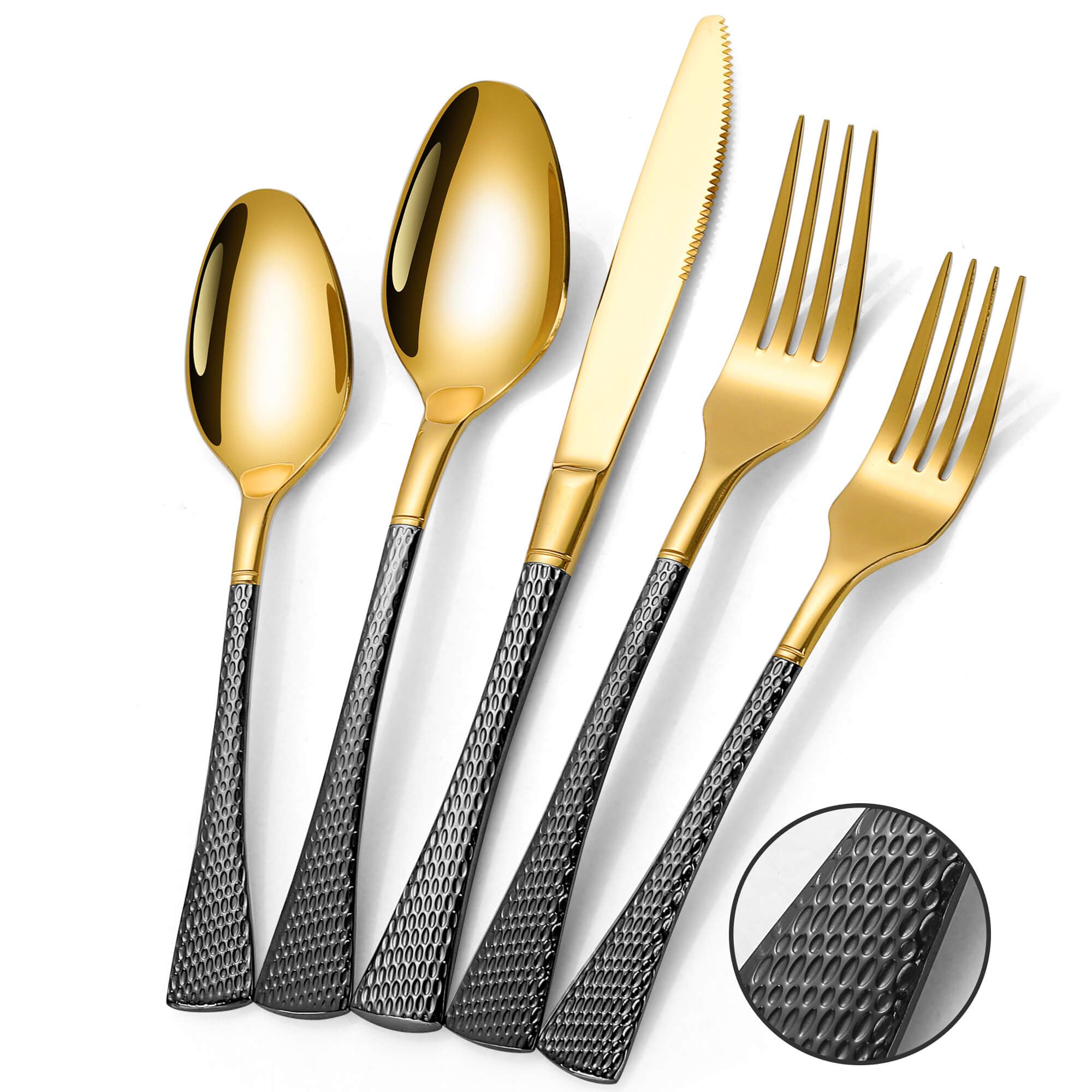 Lemeya cubiertos martillado negro oro 20 piezas para cenas elegantes